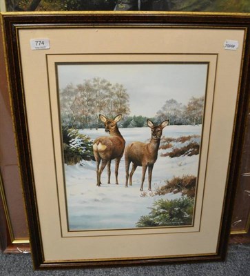 Lot 774 - Caroline Manning, Roe deer in a snowy landscape, gouache, signed and dated 1987