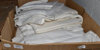 Lot 801 - Assorted 19th century and later white Damask table cloths, lace and crochet trimmed cloths etc (one