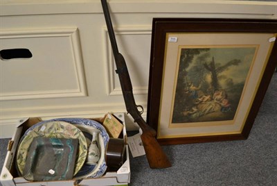 Lot 808 - Edwardian balloon clock, Imari dish, deactivated gun and a pair of large prints, etc.