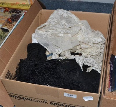 Lot 844 - Assorted black machine lace including a stole, bonnet veils, collars, flounces, sequin and bead...