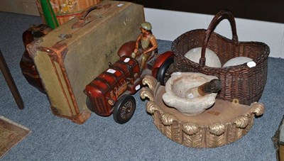 Lot 847 - Vintage canvas suitcase, large model tractor, pair of stone balls, mortar and pestle, gilt...