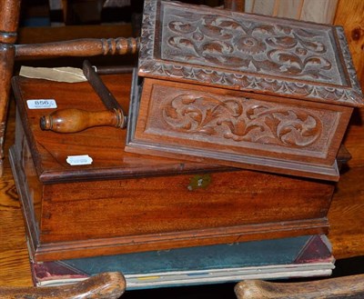 Lot 856 - A mahogany box, a carved box, a table winder and a book