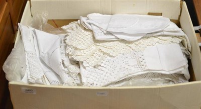 Lot 860 - Quantity of assorted white table linen, bed linen, towels, etc (one box)