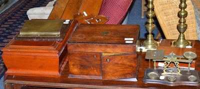 Lot 865 - A Rowney watercolour box, pair of brass candlesticks, jewellery box, canteen, another box,...