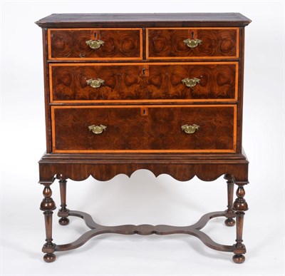 Lot 878 - A William & Mary Walnut and Oyster Veneered Chest on Stand, the top with tracery stringing...