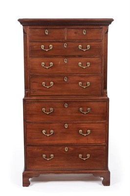 Lot 885 - A George III Mahogany Chest on Chest, late 18th century, with a dentil cornice above two short...