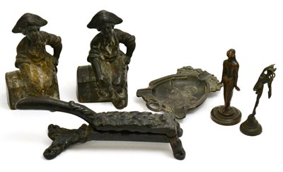 Lot 5131 - Pair of small sailor style cast seated figures, Art Nouveau figural ashtray, cast iron door knocker