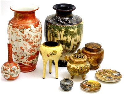 Lot 5133 - Large Kutani vase and bottle vase, Satsuma pottery, enamel censer on tripod feet (restored) etc