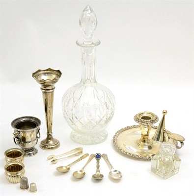 Lot 5150 - A group of silver, silver plate and glass including decanter, bud vase, spoons, chamberstick, etc