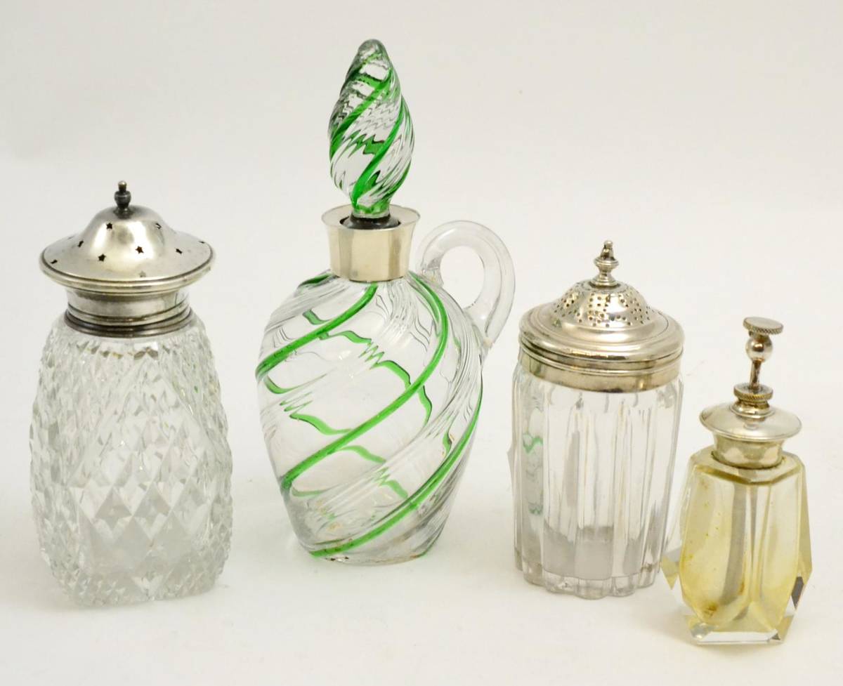 Lot 5151 - A William IV glass pounce pot with silver cover, a silver mounted green trailed glass perfume ewer