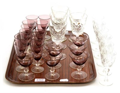 Lot 5157 - A quantity of glass tableware including Thomas Webb, a set of five facet cut wine glasses, amethyst