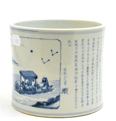 Lot 5165 - A large Chinese blue and white cylindrical vase decorated with a landscape and calligraphy,...