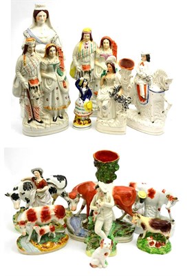 Lot 5172 - A quantity of Staffordshire figures and figure groups including a pair of Blind Highlander and...