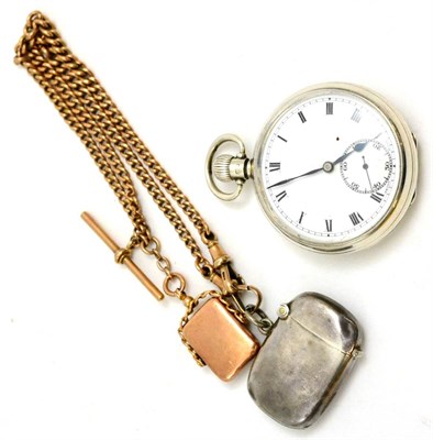 Lot 5183 - A silver pocket watch, 9ct gold watch chain, 9ct gold fob and a silver vesta