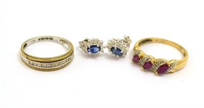 Lot 5191 - A ruby and diamond ring, stamped '9K', a 9ct gold diamond set band ring and a pair of 9ct white...