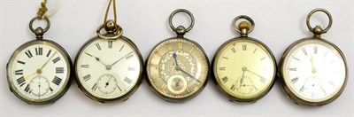 Lot 5198 - Three silver pocket watches and two other pocket watches with cases stamped '925' (5)