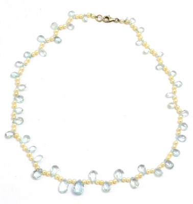 Lot 5206 - A cultured pearl and aquamarine necklace, the cultured pearls strung with graduated briolette...