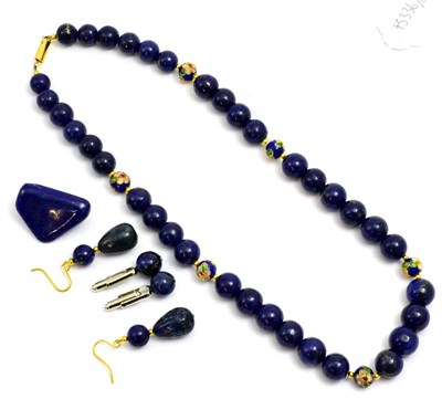 Lot 5219 - A lapis lazuli necklace, with earrings, cufflinks and brooch