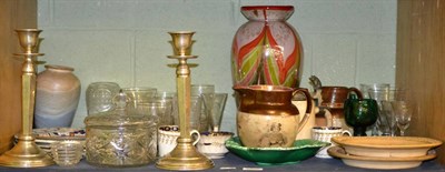 Lot 5225 - Shelf of decorative ceramics and glass including a Doulton Lambeth, Victorian Jubilee jug,...