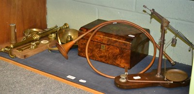 Lot 5241 - Two pairs of scales, burr walnut veneered box, horn and a framed Ordnance Survey map