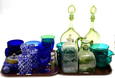 Lot 5265 - Two trays of glassware including four green glass rinsers, cobalt goblets, pair of decanters, etc