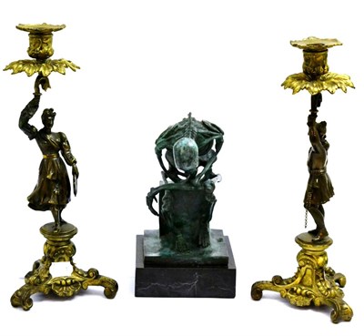 Lot 5275 - Patinated bronze figure of The Thinker and a pair of figural candlesticks