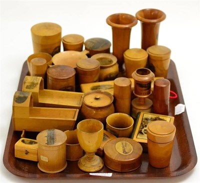 Lot 5283 - A group of Mauchline ware including travelling tot cups, napkin rings etc