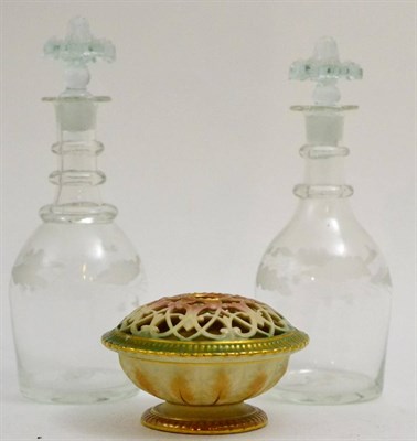 Lot 5288 - A pair of small sized decanters with engraved decoration, circa 1800 and a Royal Worcester...