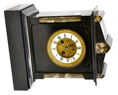 Lot 5293 - A black slate and marble striking mantel clock with a visible Brocot escapement