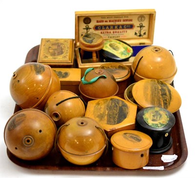 Lot 5299 - A group of sewing related Mauchline ware including string dispensers, Clark & Co. thread boxes etc