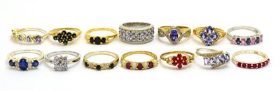 Lot 5309 - Fourteen silver and white metal gem set rings, stones including; opal, tanzanite etc