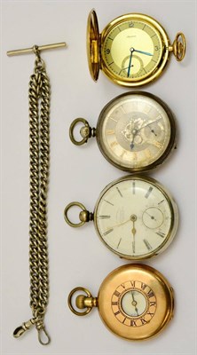 Lot 5314 - Two silver pocket watches and two gold plated pocket watches and a silver watch chain