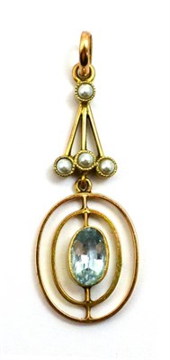 Lot 5315 - An early 20th century aquamarine and split pearl pendant, stamped '9C'