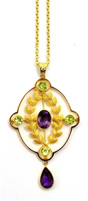 Lot 5319 - An Edwardian amethyst, peridot and diamond pendant with a later 9ct gold chain