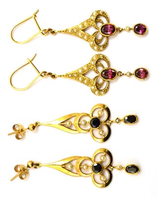 Lot 5325 - A pair of 9ct gold Art Nouveau style sapphire and seed pearl earrings and a pair of garnet and seed