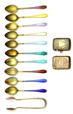 Lot 5326 - A set of ten Continental silver and enamel coffee spoons and matching tongs together with two...