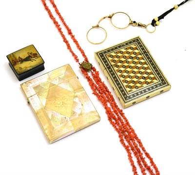 Lot 5331 - A Goan card case, a mother-of-pearl card case, lorgnette, coral necklace and a papier mache box