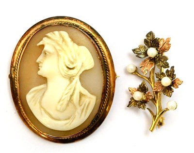 Lot 5336 - A cameo brooch, frame stamped '9CT' and a 9ct gold cultured pearl set brooch (2)