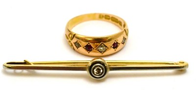 Lot 5346 - A 15ct gold diamond and ruby five stone ring; and diamond set bar brooch (2)