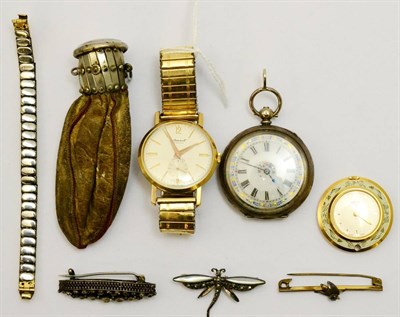 Lot 5350 - A 9ct gold gentleman's wristwatch signed Cheminant, two fob watches, small pouch and three...