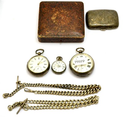 Lot 5355 - Two silver pocket watches, silver fob watch, silver cigarette case and two Alberts