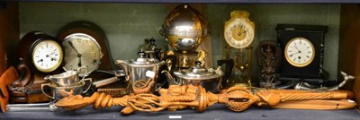 Lot 5369 - Mantel clocks, plated tea set etc