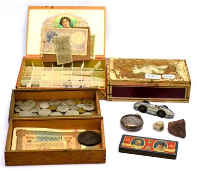 Lot 5422 - A silver cased pocket watch, Crystal palace medal, various coins and notes (in four cigar boxes)