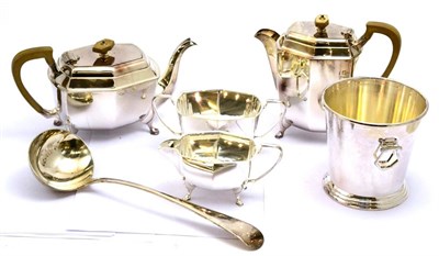 Lot 5440 - An Art Deco silver plated four piece tea service, a plated ladle and a silver plated ice bucket