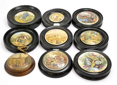 Lot 5450 - Nine pot lids depicting figural scenes and a horse riding scene