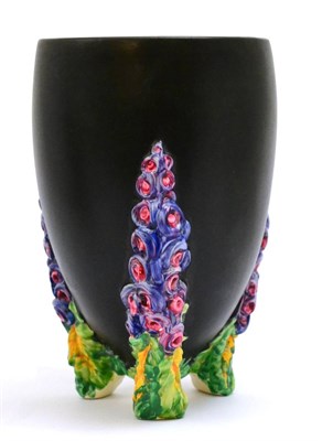 Lot 5455 - Clarice Cliff Bizarre vase, 'My Garden' pattern with black body on three floral moulded legs,...