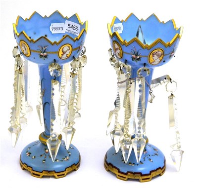 Lot 5456 - A pair of 19th century blue and gilt painted table lustres