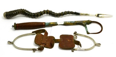 Lot 5465 - A pair of Swaine & Adeney rowel spurs, a fishing gaff with a turned wooden handle and a horn...