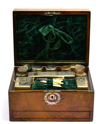 Lot 5469 - Victorian burr walnut travelling toilet case, with fitted interior and silver plated dressing set