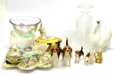 Lot 5470 - A group including Beswick dogs, Maltby lustreware, cut glass decanter, tray and tumbler set,...